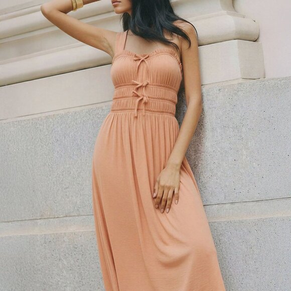 New York & Company Double Bow Tie Ruched Maxi Dress Size MEDIUMMEDIUM / ORANGE - - Picture 2 of 3